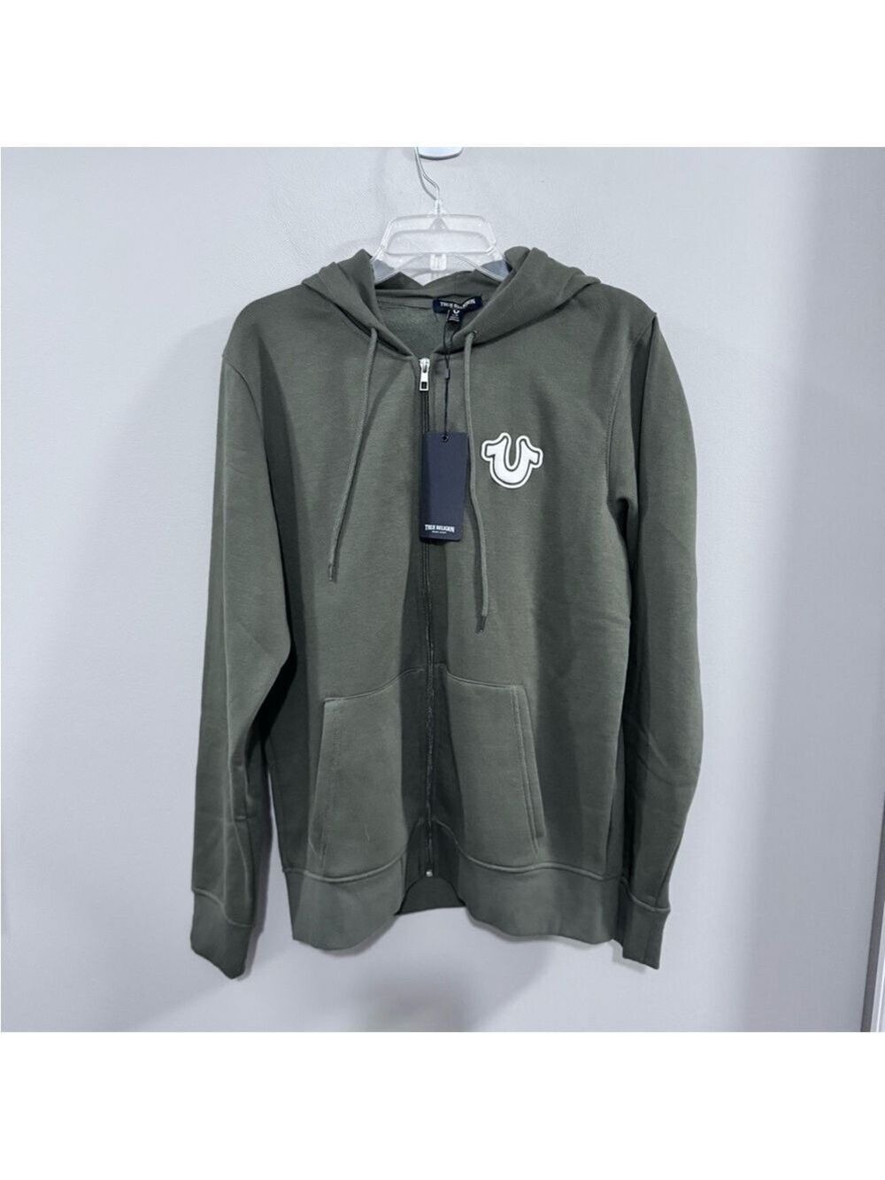 NWT True Religion Olive Green Men's Zip Up Hoodie. Size Large